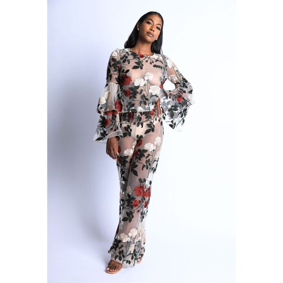 Women's Rose embroidered Outfit Casual Set Flared Long Sleeve 2 Piece Set - Picture 5 of 12